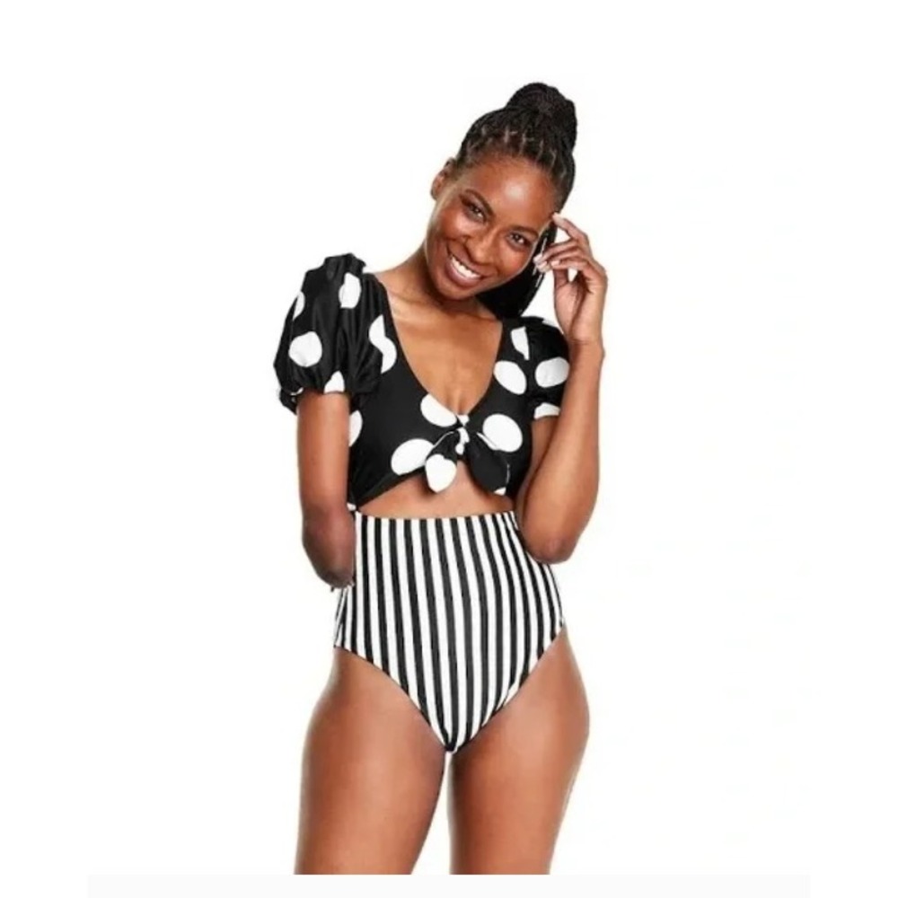 Tabitha Brown X‎ Target Striped Polka Dot Puff Sleeve Swimsuit Black White S
